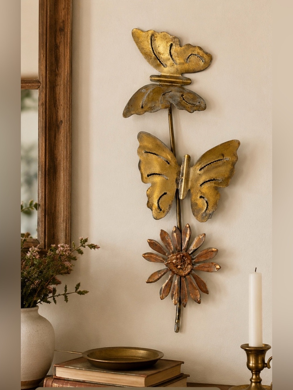Vintage Style Butterfly Flower Metal Wall Decor Gold Copper Tone 18” Boho